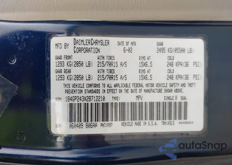 2002 Dodge Grand Caravan Se from USA, damaged, VIN 1B4GP243X2B712210